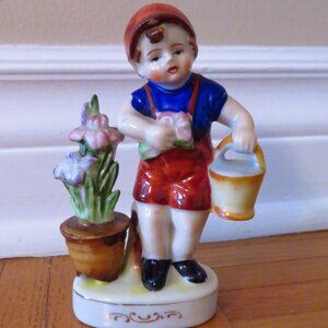 vintage 1930 made in Japan boy figurine, watering plants cute collectible